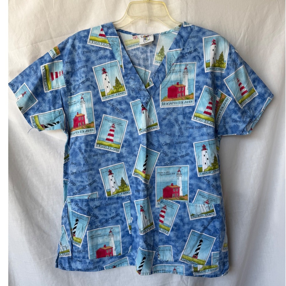 100% Cotton Knot Us Scrub Top Blue Lighthouse Nautical Coastal Maritime Medium